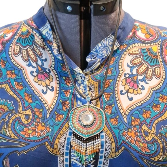 Johnny Was Biza Handkerchief Blue Paisley Silk Boho Tunic Top Sz XL - Picture 9 of 11